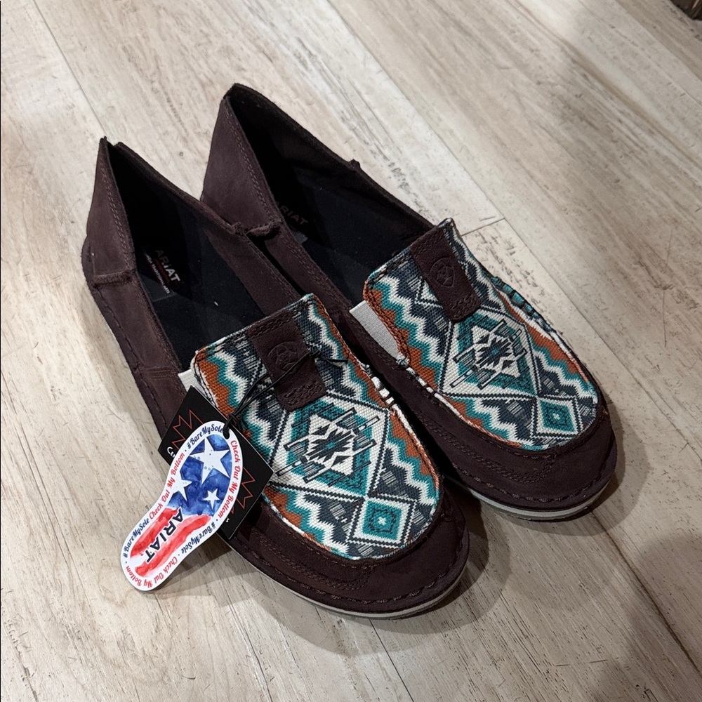 Ariat Brown Loafers with Teal and Orange Aztec Pattern